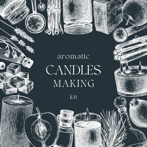 Hand sketched candle-making card design on ckalkboard. Vintage candles, herbs, wax, fruits, spices, skewers hand drawings frame. Perfect template for aromatherapy, hobby, handcrafts, candle making